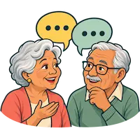 Dos personas mayores conversan con globos de diálogo sobre ellas