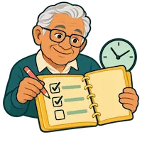 Un hombre mayor organiza sus tareas con una agenda y un reloj